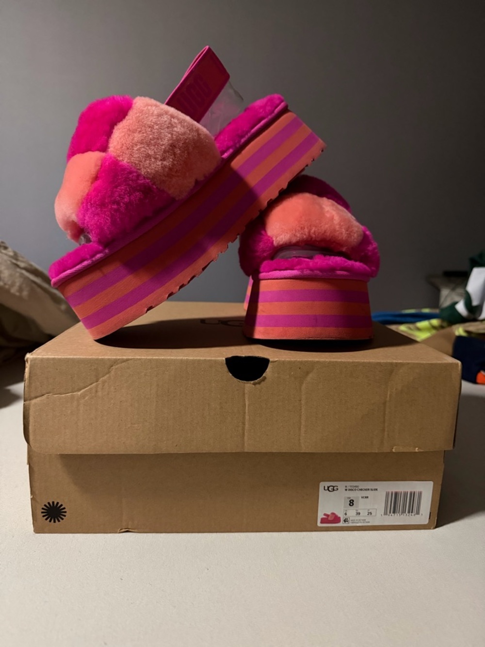 UGG Disco Checker Pink & Coral Platform Fluffy Slide Sandals